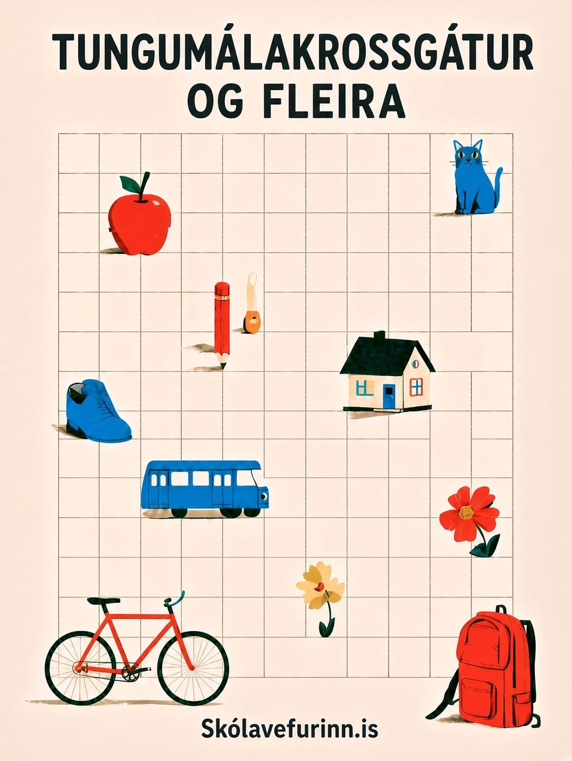 Forsíða: Tungumálakrossgátur og fleira — rúðustrikað blað með teikningum af epli, ketti, blýanti, húsi, skó, strætó, blómum, hjóli og skólatösku.